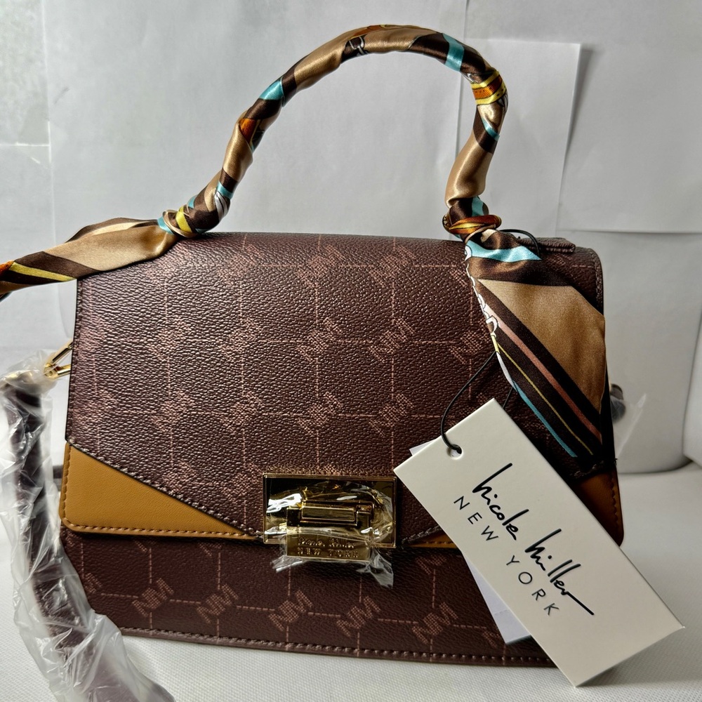 Nicole Miller Brown and Tan Satchel with Scarf Wrapped Top Handle